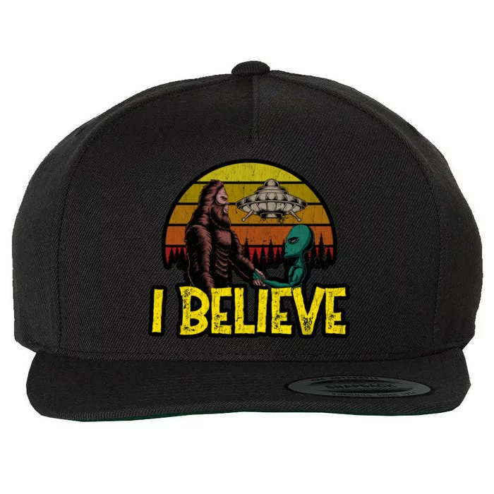 I Believe Funny Alien And Bigfoot Design Distressed Wool Snapback Cap