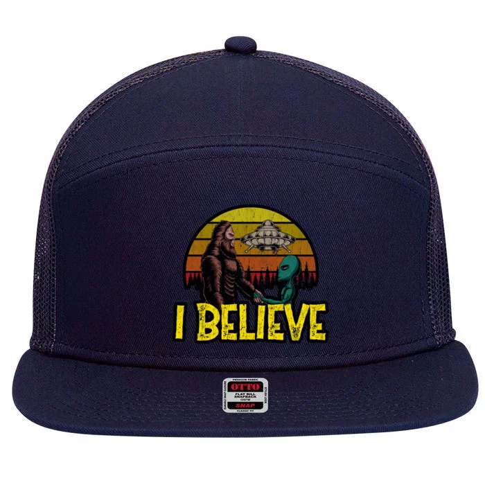 I Believe Funny Alien And Bigfoot Design Distressed 7 Panel Mesh Trucker Snapback Hat