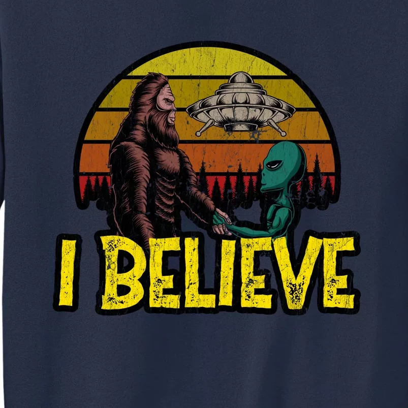 I Believe Funny Alien And Bigfoot Design Distressed Sweatshirt