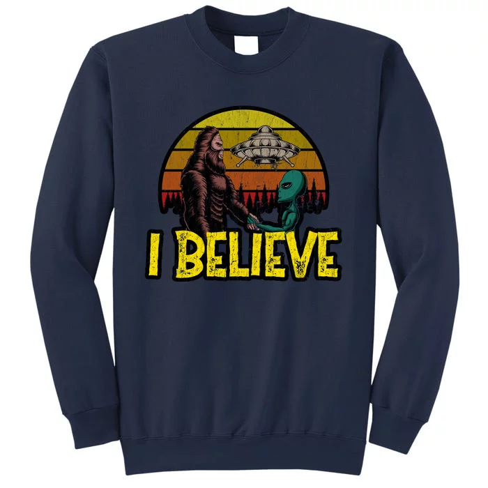 I Believe Funny Alien And Bigfoot Design Distressed Sweatshirt