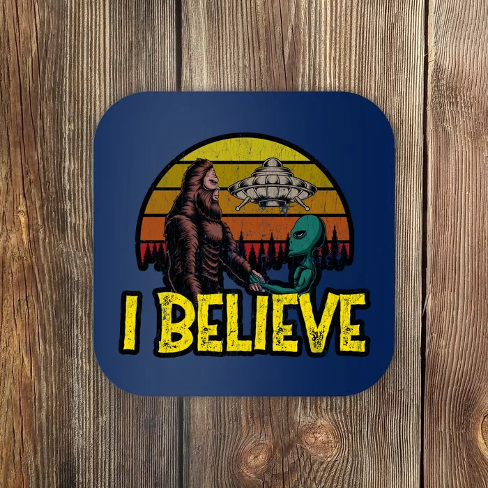 I Believe Funny Alien And Bigfoot Design Distressed Coaster