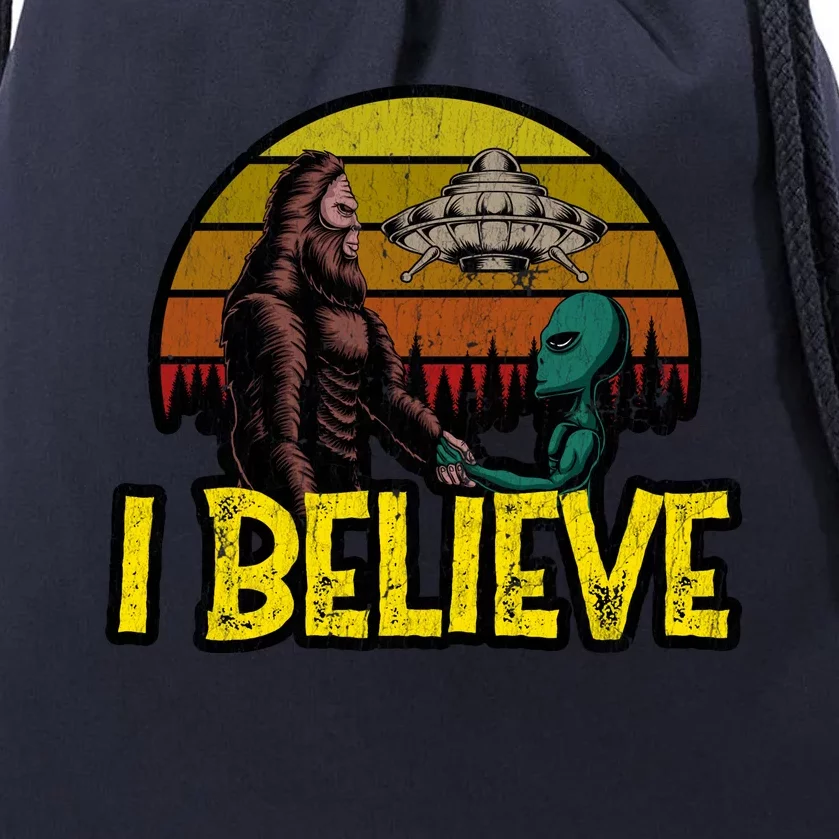 I Believe Funny Alien And Bigfoot Design Distressed Drawstring Bag