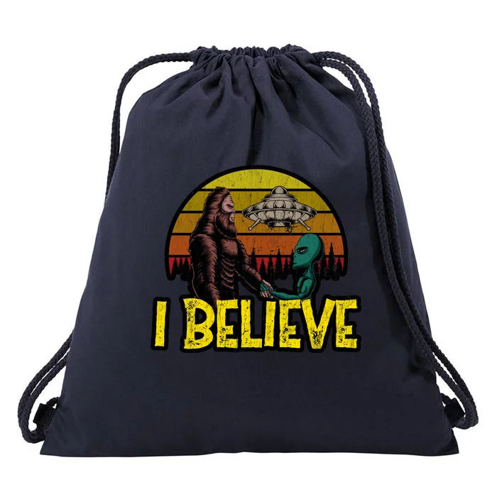 I Believe Funny Alien And Bigfoot Design Distressed Drawstring Bag