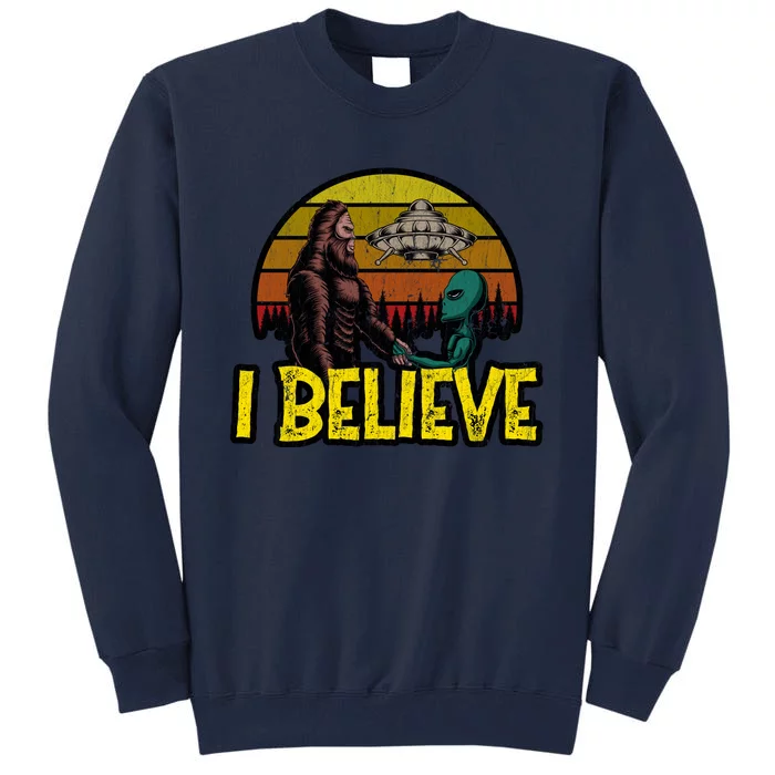 I Believe Funny Alien And Bigfoot Design Distressed Tall Sweatshirt