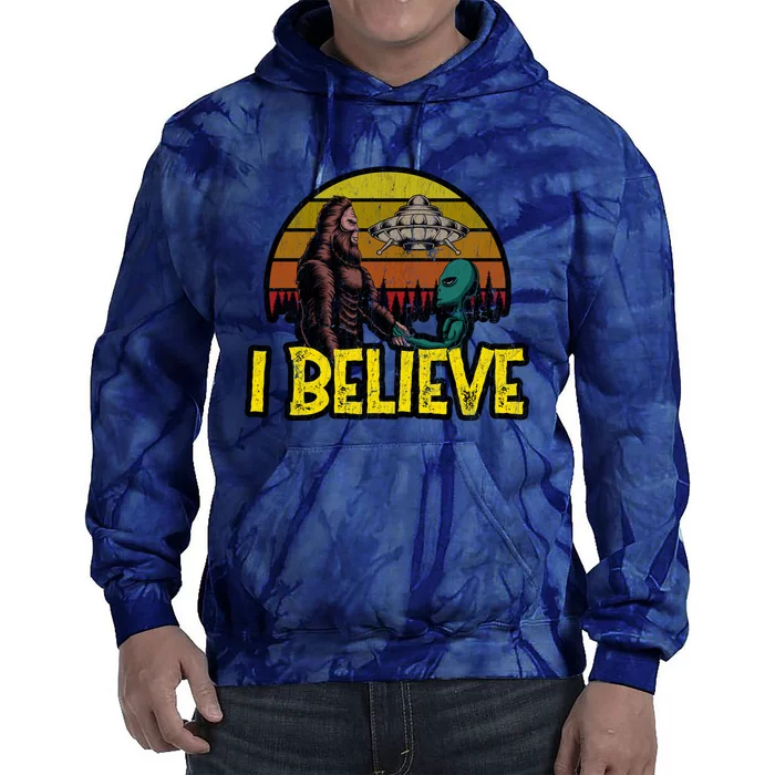 I Believe Funny Alien And Bigfoot Design Distressed Tie Dye Hoodie