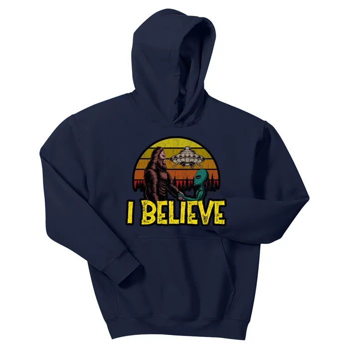 I Believe Funny Alien And Bigfoot Design Distressed Kids Hoodie