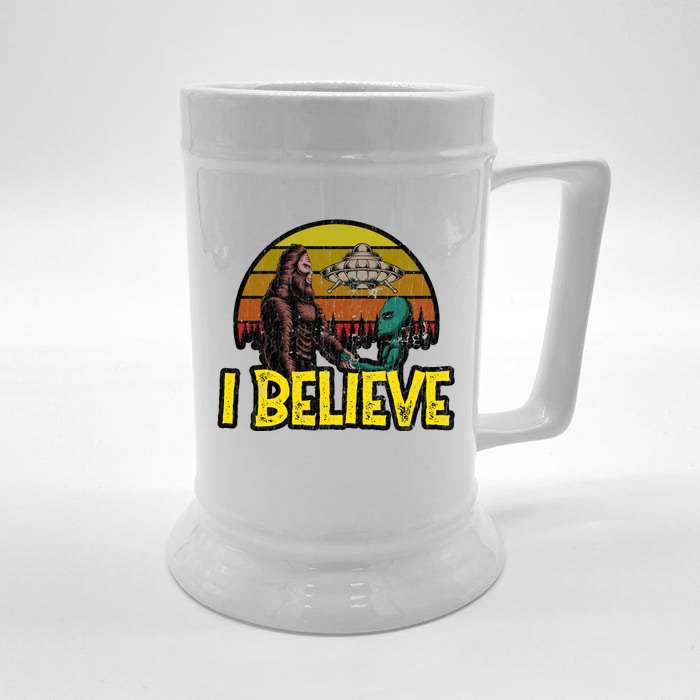 I Believe Funny Alien And Bigfoot Design Distressed Front & Back Beer Stein