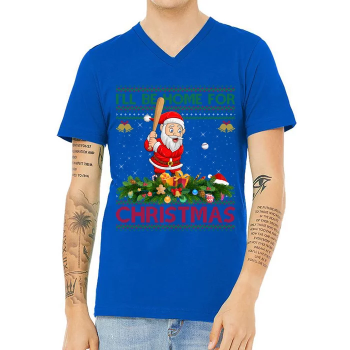 ILl Be Home For Christmas Santa Playing Baseball Xmas Gift V-Neck T-Shirt