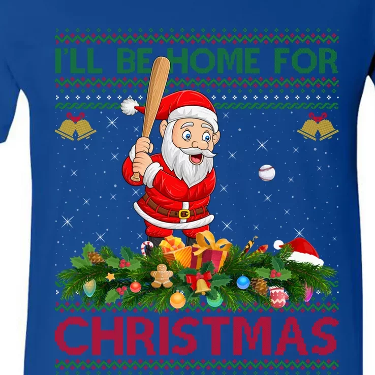 ILl Be Home For Christmas Santa Playing Baseball Xmas Gift V-Neck T-Shirt