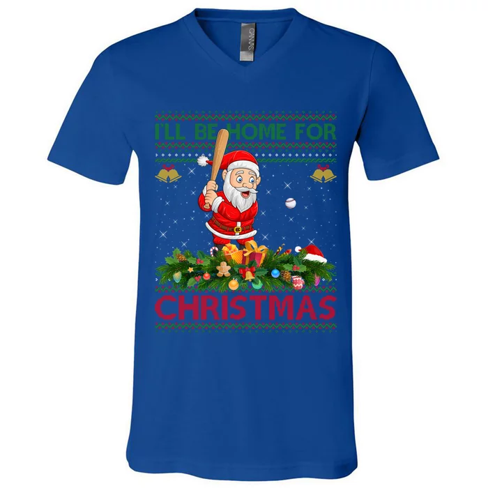 ILl Be Home For Christmas Santa Playing Baseball Xmas Gift V-Neck T-Shirt