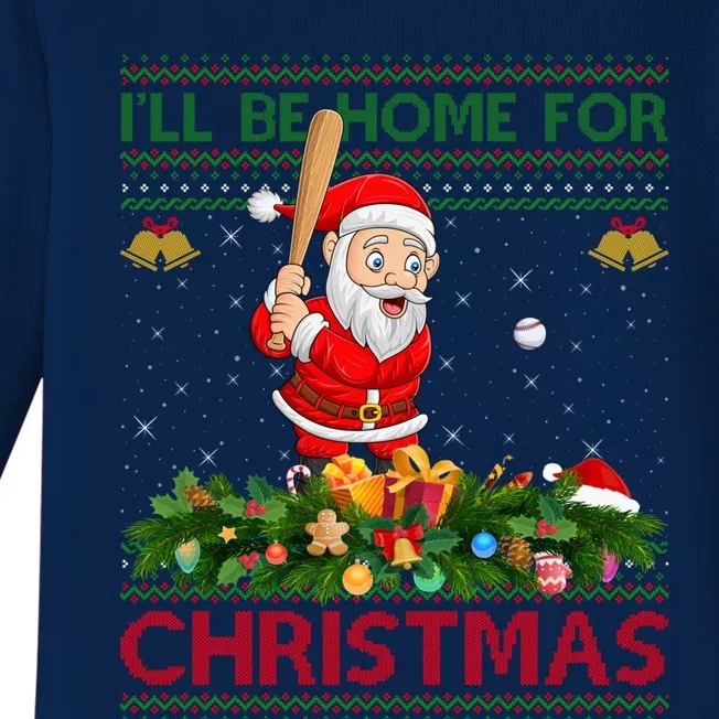 ILl Be Home For Christmas Santa Playing Baseball Xmas Gift Baby Long Sleeve Bodysuit