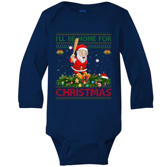 ILl Be Home For Christmas Santa Playing Baseball Xmas Gift Baby Long Sleeve Bodysuit