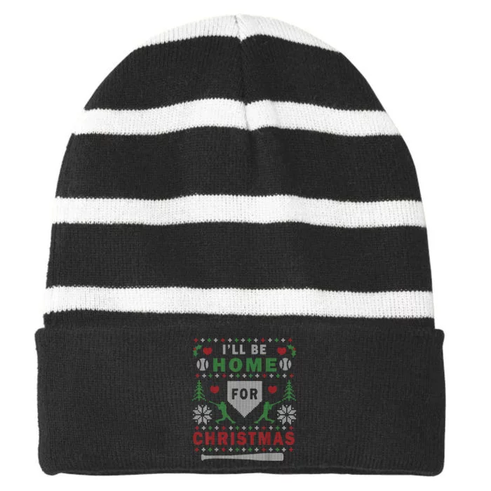 Ill Be Home For Christmas Baseball Ugly Christmas Striped Beanie with Solid Band