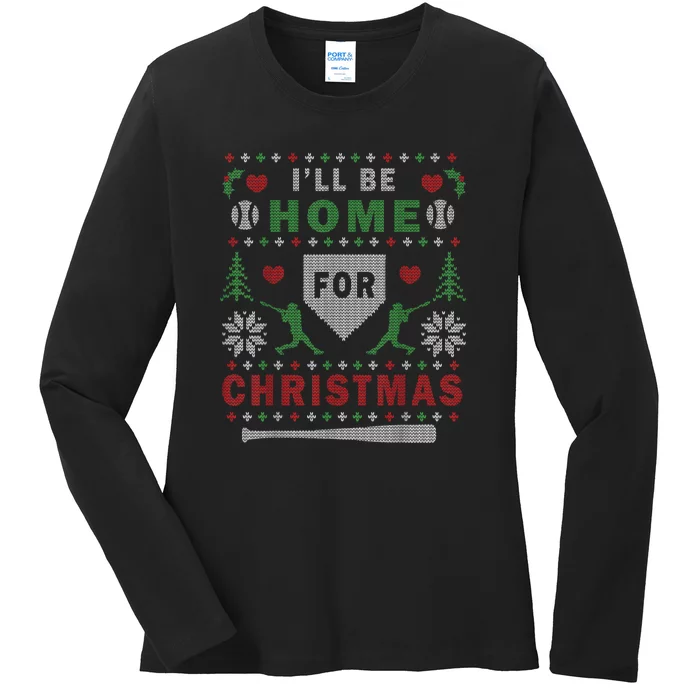 Ill Be Home For Christmas Baseball Ugly Christmas Ladies Long Sleeve Shirt