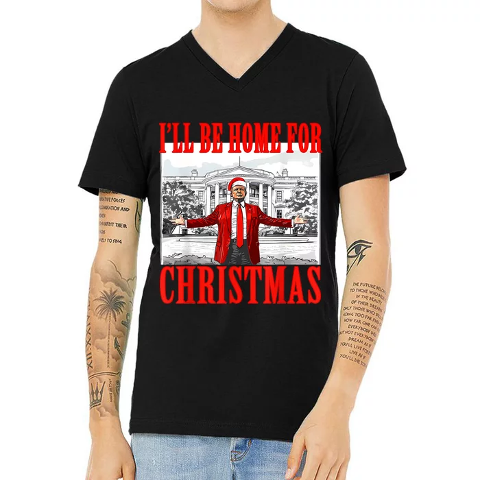 ILl Be Home For Christmas Santa Funny Trump Xmas Pajamas V-Neck T-Shirt