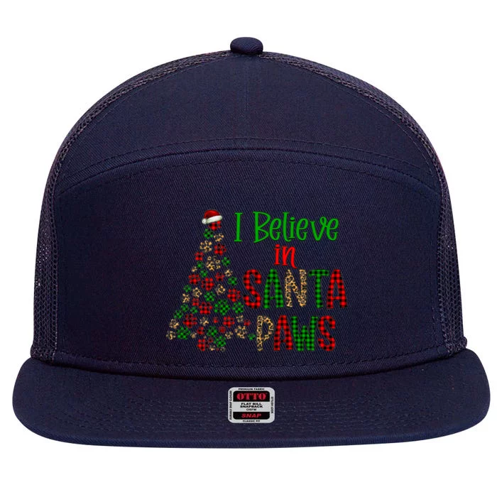 I Believe In Santa Paws Chrismas Dog Mom Leopard Print Cute Gift 7 Panel Mesh Trucker Snapback Hat