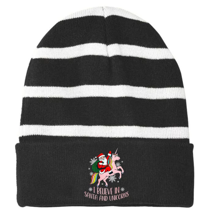 I Believe In Santa And Unicorns  Christmas Striped Beanie with Solid Band