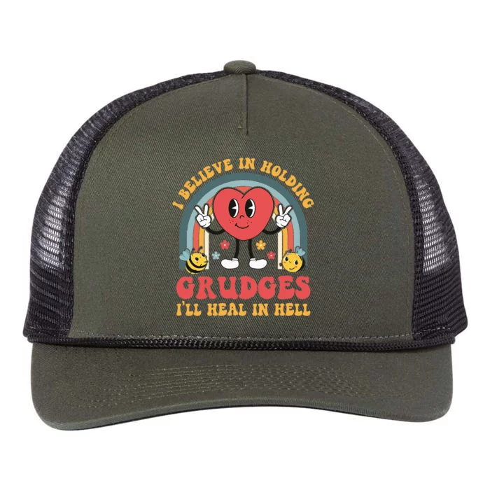 I Believe In Holding Grudges ILl Heal In Hell Rainbow Heart Retro Rope Trucker Hat Cap