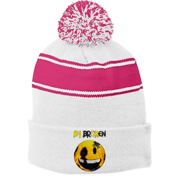 IM Broken IM Ok Mental Health Awareness Invisible Illness Stripe Pom Pom Beanie