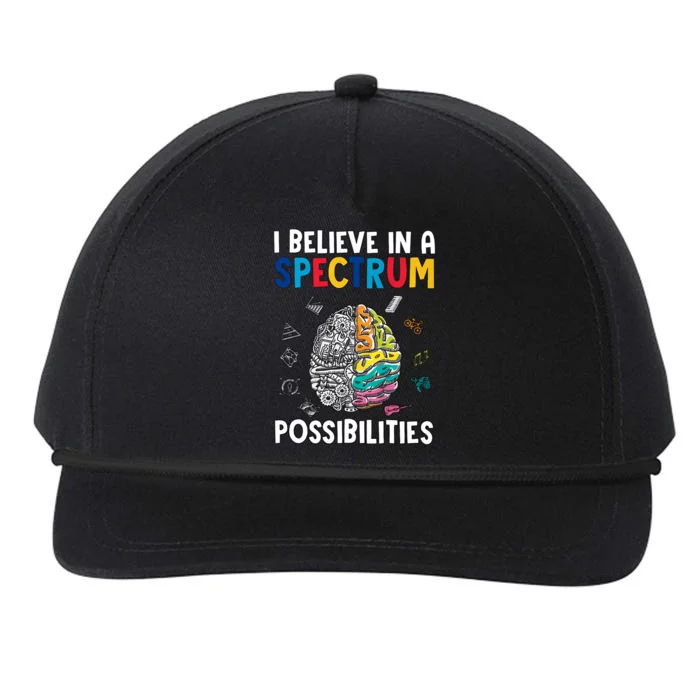 I Believe In Spectrum Possibilities Brain Autism Neurodiversity Autism Support Snapback Five-Panel Rope Hat