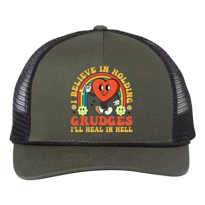 I Believe In Holding Grudges Ill Heal In Hell Rainbow Heart Retro Rope Trucker Hat Cap