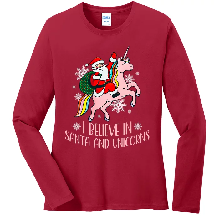 I Believe In Santa And Unicorns Funny Christmas Ladies Long Sleeve Shirt