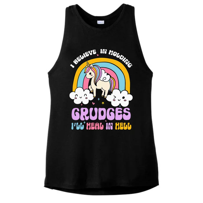 I Believe In Holding Grudges Ill Heal In Hell Rainbow Ladies Tri-Blend Wicking Tank