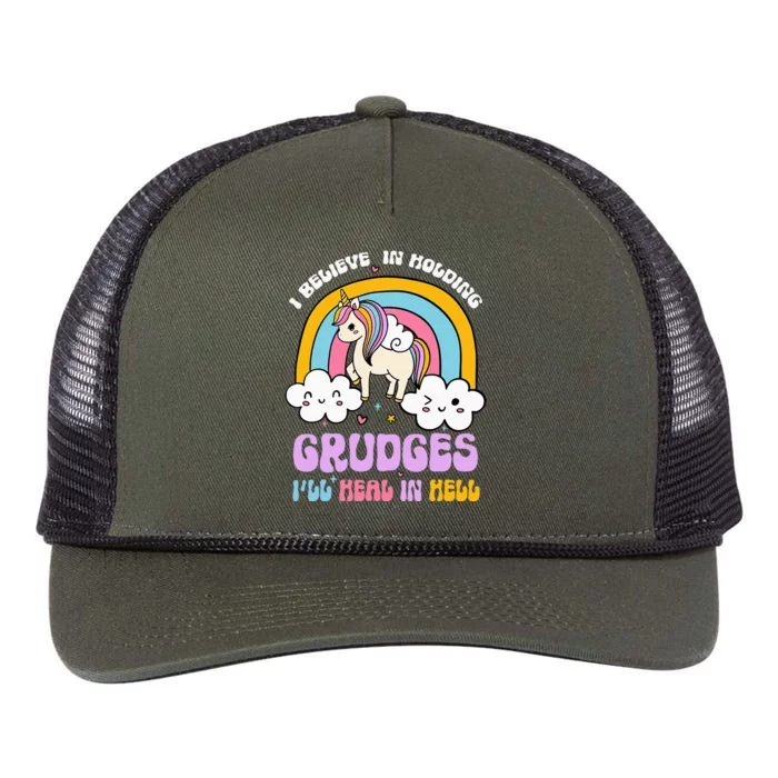 I Believe In Holding Grudges Ill Heal In Hell Rainbow Retro Rope Trucker Hat Cap