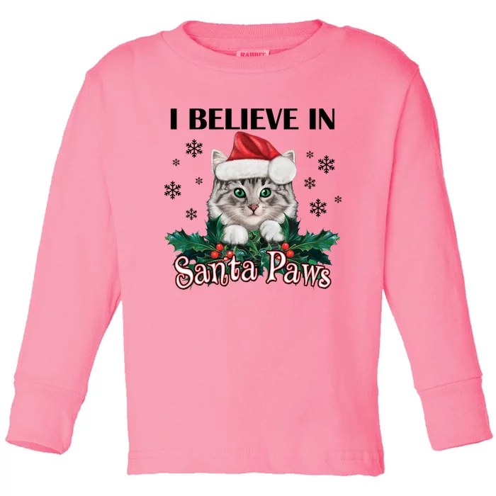 I Believe In Santa Paws Cute Cat Christmas Hat Funny Gift Toddler Long Sleeve Shirt