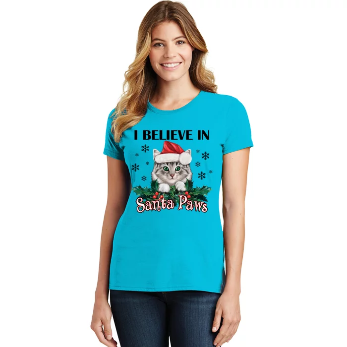 I Believe In Santa Paws Cute Cat Christmas Hat Funny Gift Women's T-Shirt