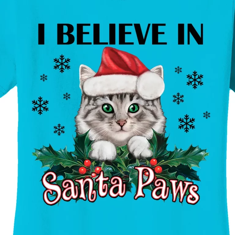 I Believe In Santa Paws Cute Cat Christmas Hat Funny Gift Women's T-Shirt