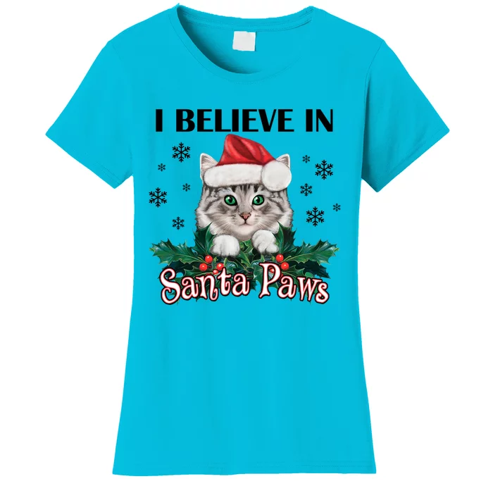 I Believe In Santa Paws Cute Cat Christmas Hat Funny Gift Women's T-Shirt