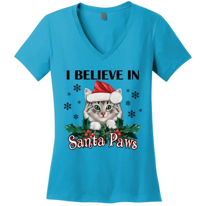 I Believe In Santa Paws Cute Cat Christmas Hat Funny Gift Women's V-Neck T-Shirt