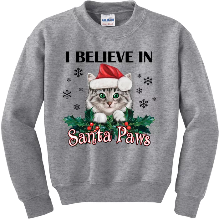 I Believe In Santa Paws Cute Cat Christmas Hat Funny Gift Kids Sweatshirt