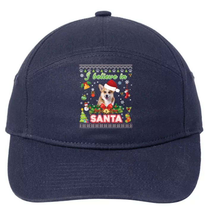 I Believe In Santa Corgi Dog Christmas Paws Sweater Ugly Gift 7-Panel Snapback Hat