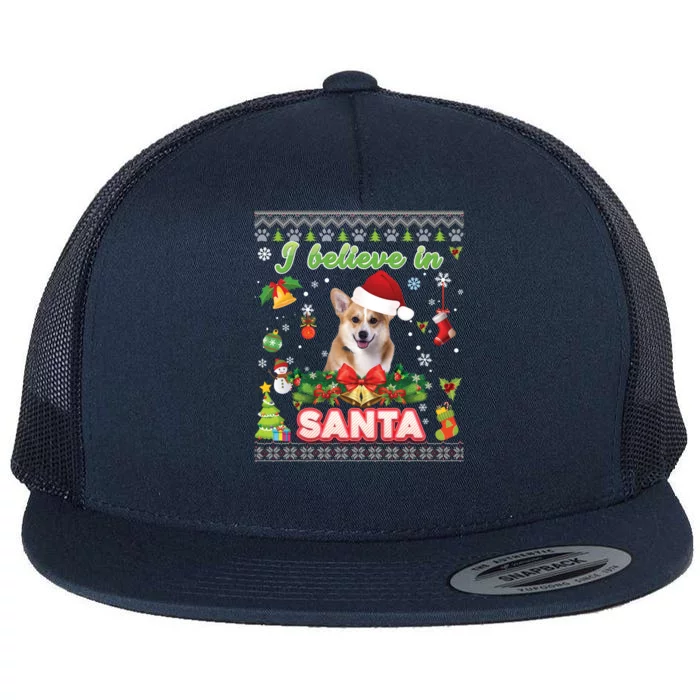 I Believe In Santa Corgi Dog Christmas Paws Sweater Ugly Gift Flat Bill Trucker Hat