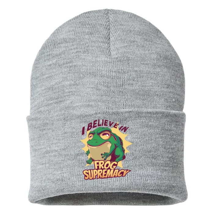 I Believe In Frog Supremacy Funny Sustainable Knit Beanie