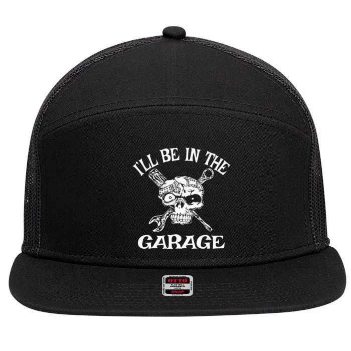 I'll Be In The Garage Punk Rock Heavy Metal Hot Rod Skull 7 Panel Mesh Trucker Snapback Hat