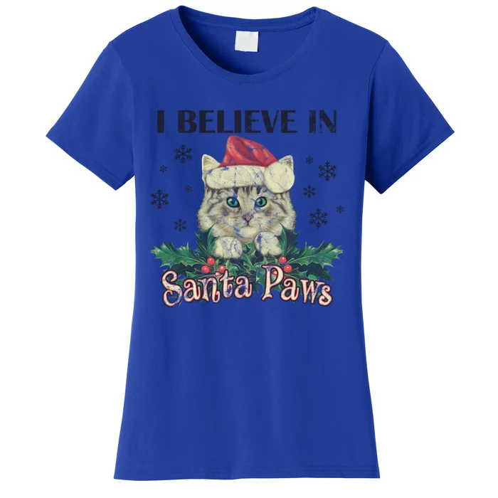 I Believe In Santa Paws Cute Cat Christmas Hat Gift Women's T-Shirt