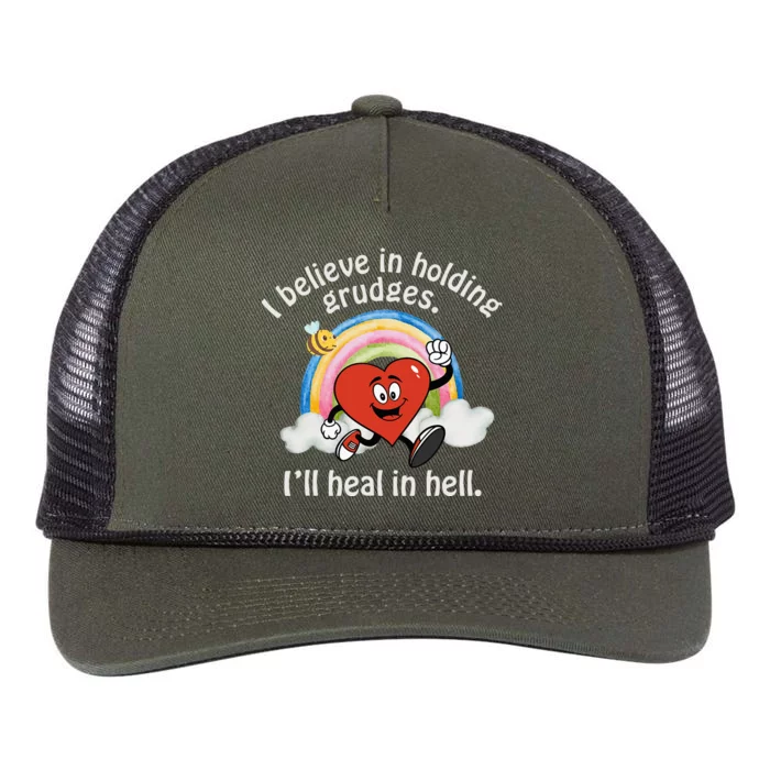 I Believe In Holding Grudges I'll Heal In Hell Heart Rainbow Retro Rope Trucker Hat Cap