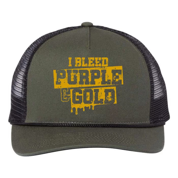 I Bleed Purple & Gold Game Day Group School Football Sports Retro Rope Trucker Hat Cap