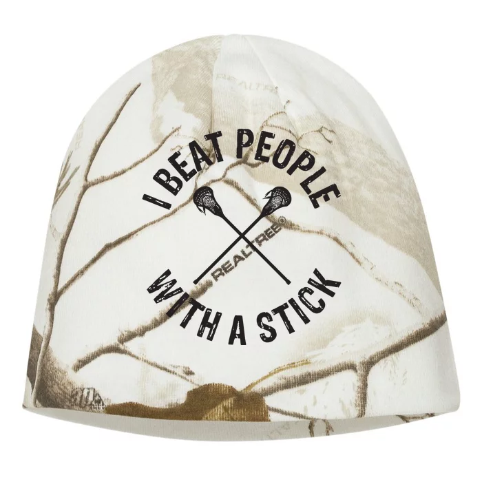 I Beat People With A Stick Funny Lacrosse Player Kati - Camo Knit Beanie