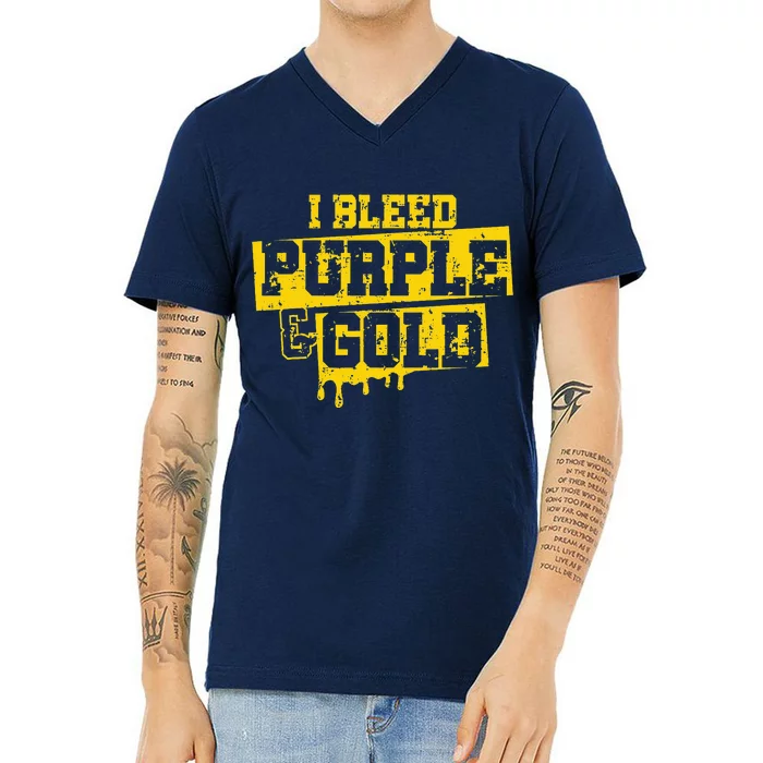 I Bleed Purple & Gold Game Day Group School Football Sports V-Neck T-Shirt