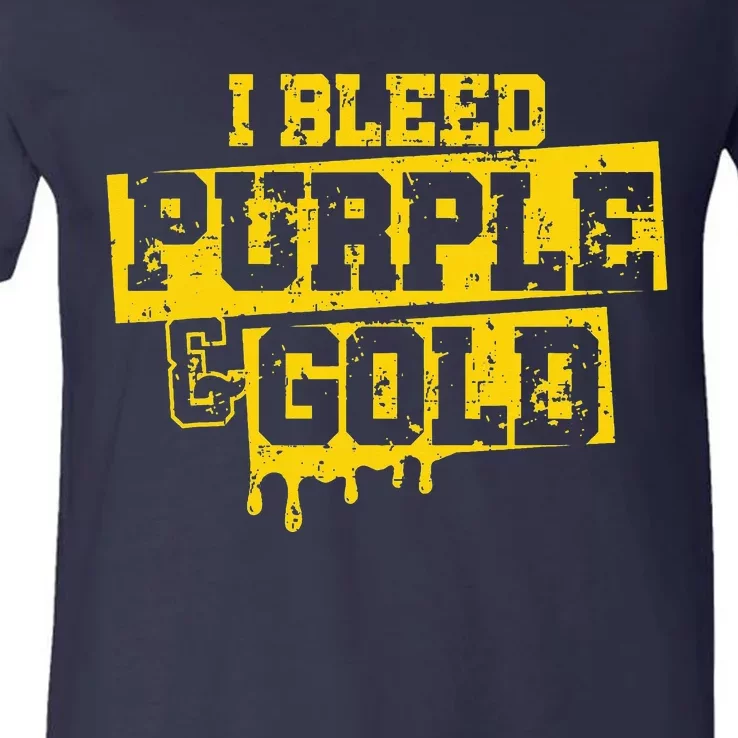 I Bleed Purple & Gold Game Day Group School Football Sports V-Neck T-Shirt