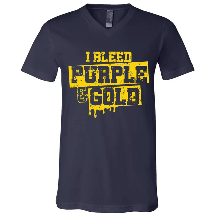 I Bleed Purple & Gold Game Day Group School Football Sports V-Neck T-Shirt