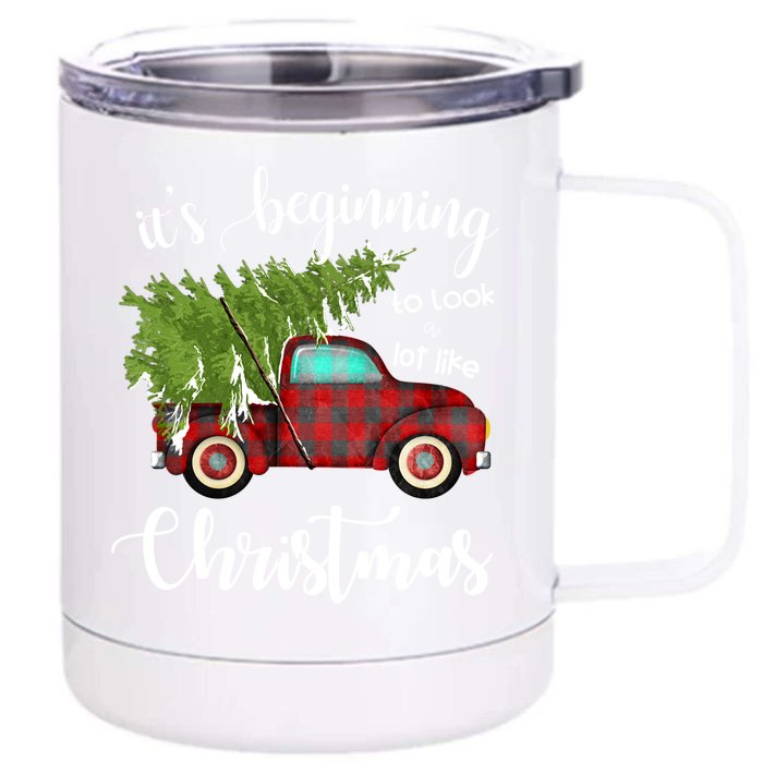 Its Beginning To Look A Lot Like Christmas Vintage Truck Gift Front & Back 12oz Stainless Steel Tumbler Cup