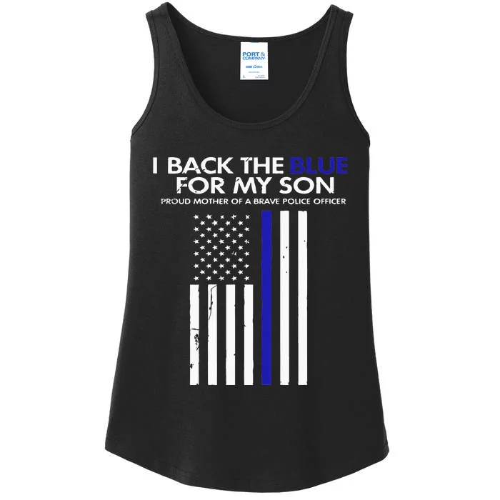 I Back The Blue For My Son Thin Blue Line Police Proud Mom Ladies Essential Tank