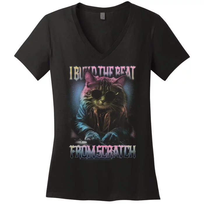 I Build The Beat From Scratch Funny Cosmic Dj Cat Women's V-Neck T-Shirt