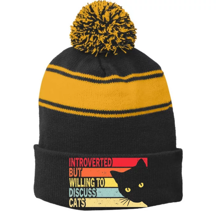 Introverted But Willing To Discuss Cats Vintage Cat Lover Stripe Pom Pom Beanie