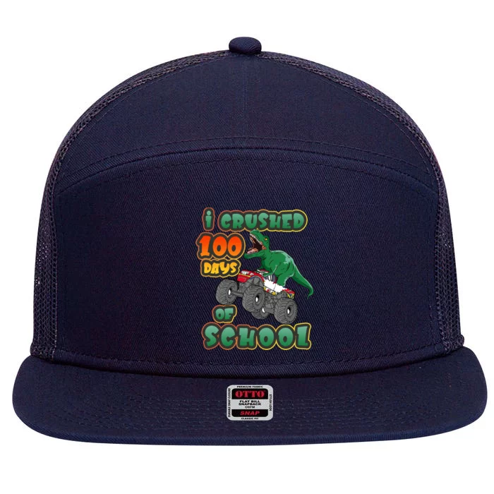 I Crushed 100 Days Of School Dinosaur Driving Monster Truck Funny Gift 7 Panel Mesh Trucker Snapback Hat